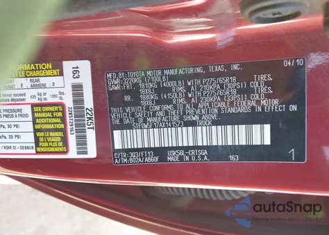 2010 Toyota Tundra Grade 5.7L V8 из США, поврежденный, VIN 5TFUW5F17AX141573